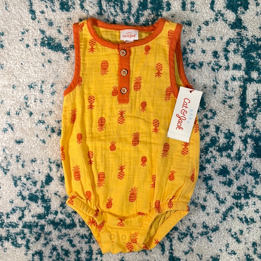 NWT cat & jack mustard yellow bodysuit with Orange pineapple print